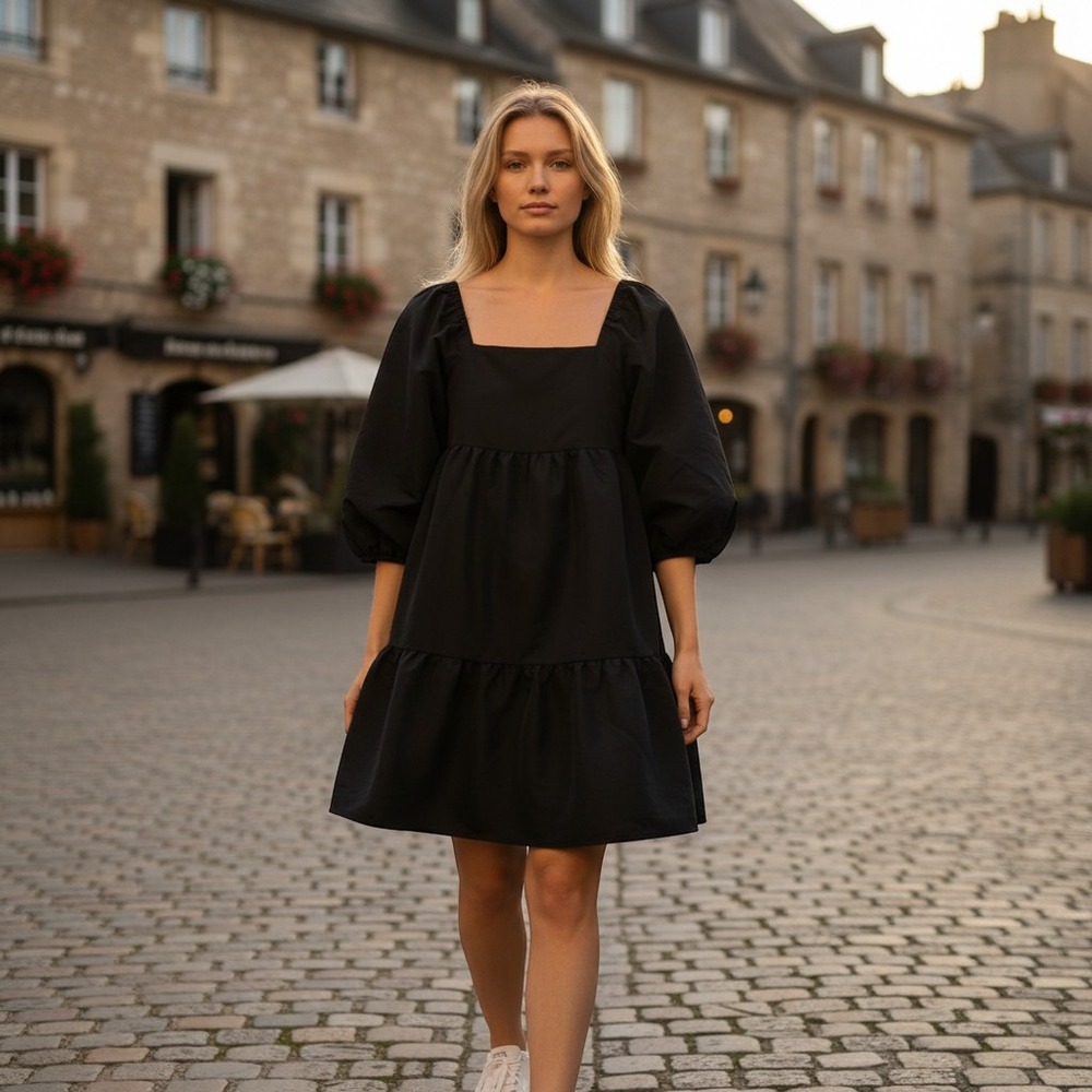 Levi oversized XS black boho peasant ruffle balloon sleeve goth mini‎ dress HH